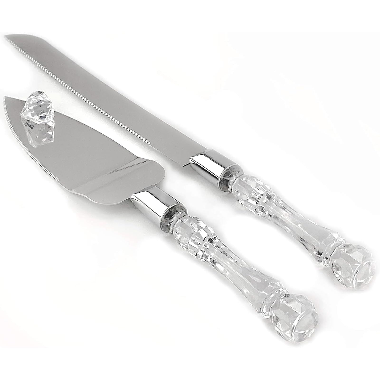 2 set Elegant Cake Knife and Server Set Stainless Steel with Crystal Handle - Perfect for Weddings Anniversaries,and Special Celebrations (Sliver)（Two knives and shovels）