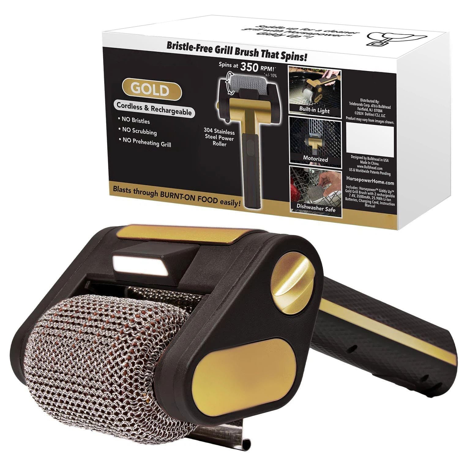 Electric Grill Cleaner Bristle Free – Cordless, Rechargeable BBQ Grill Brush with 350 RPM Stainless Roller, LED Light, Dishwasher-Safe for Gas/Charcoal Grills