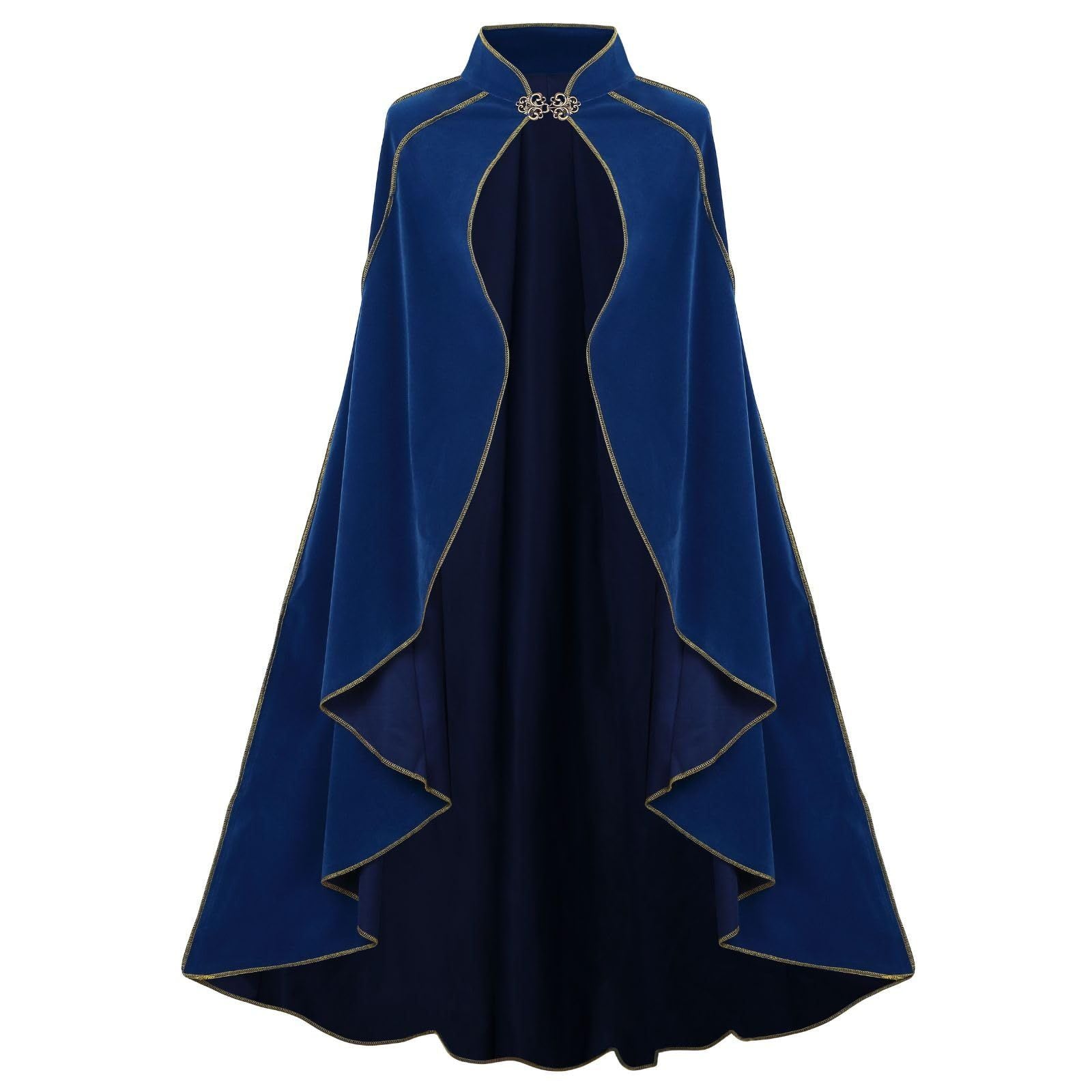 Women's Medieval Cloak Stand Collar Deluxe Velvet Gold Trim Cape for Adult（110cm blue）Renaissance Cloak with Hood Women Medieval Hooded Cape with Arm Holes for Halloween