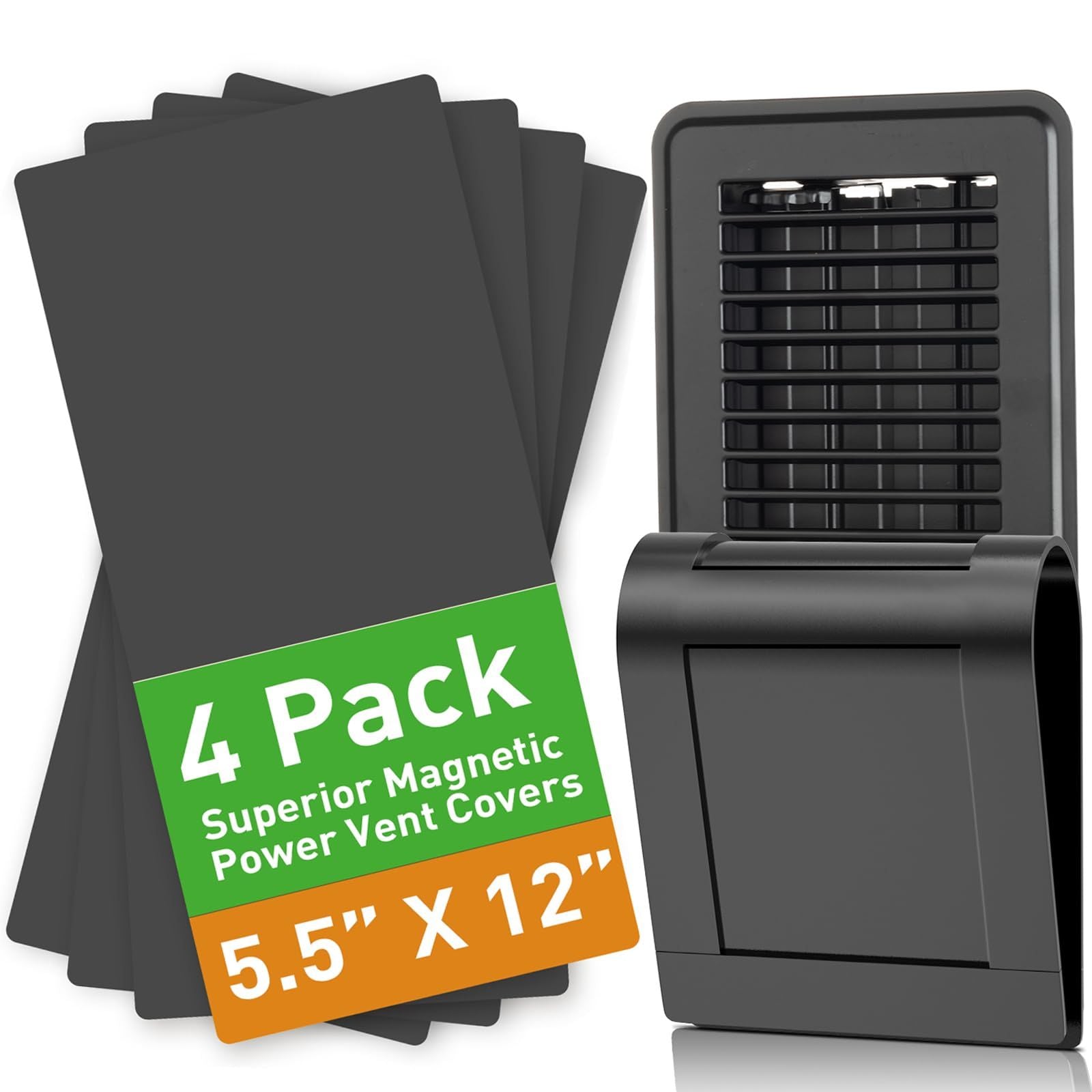 Magnetic Vent Covers (4-Pack) for Complete Sealing of Residential Standard Floor Vent Covers 5.5" X 12" for Floor Wall and Ceiling Vent Covers Black