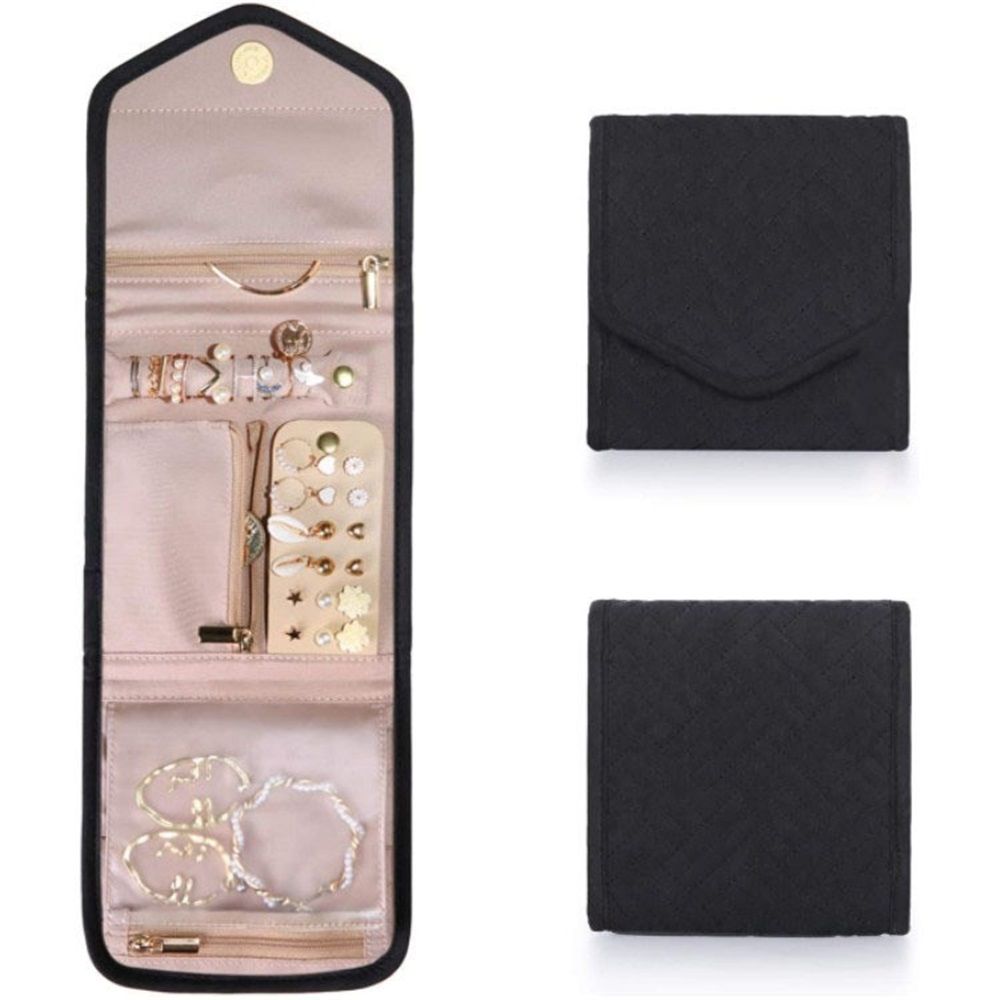 Travel Jewelry Organizer Case Foldable Jewelry Roll for Journey Rings, Necklaces, Earrings, Bracelets, Mini, (Black Large )Storage bag only