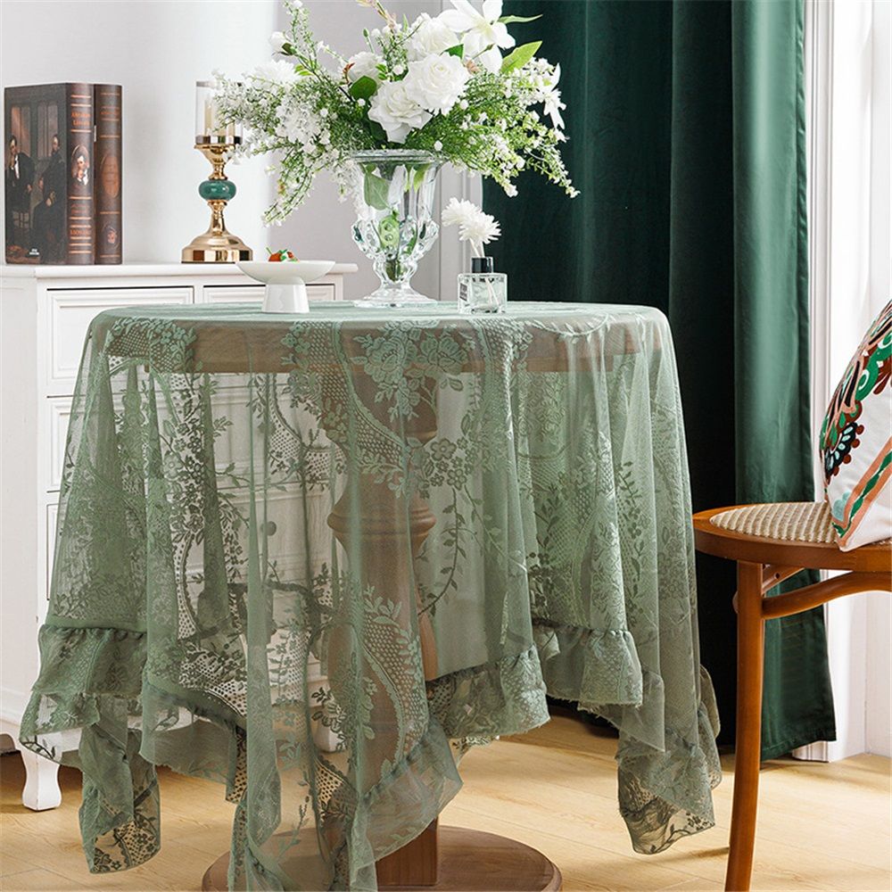 Green Floral Embroidered Lace Square Tablecloth 55”x55” Vintage Table Cover (Green, 55”x55”, Square)