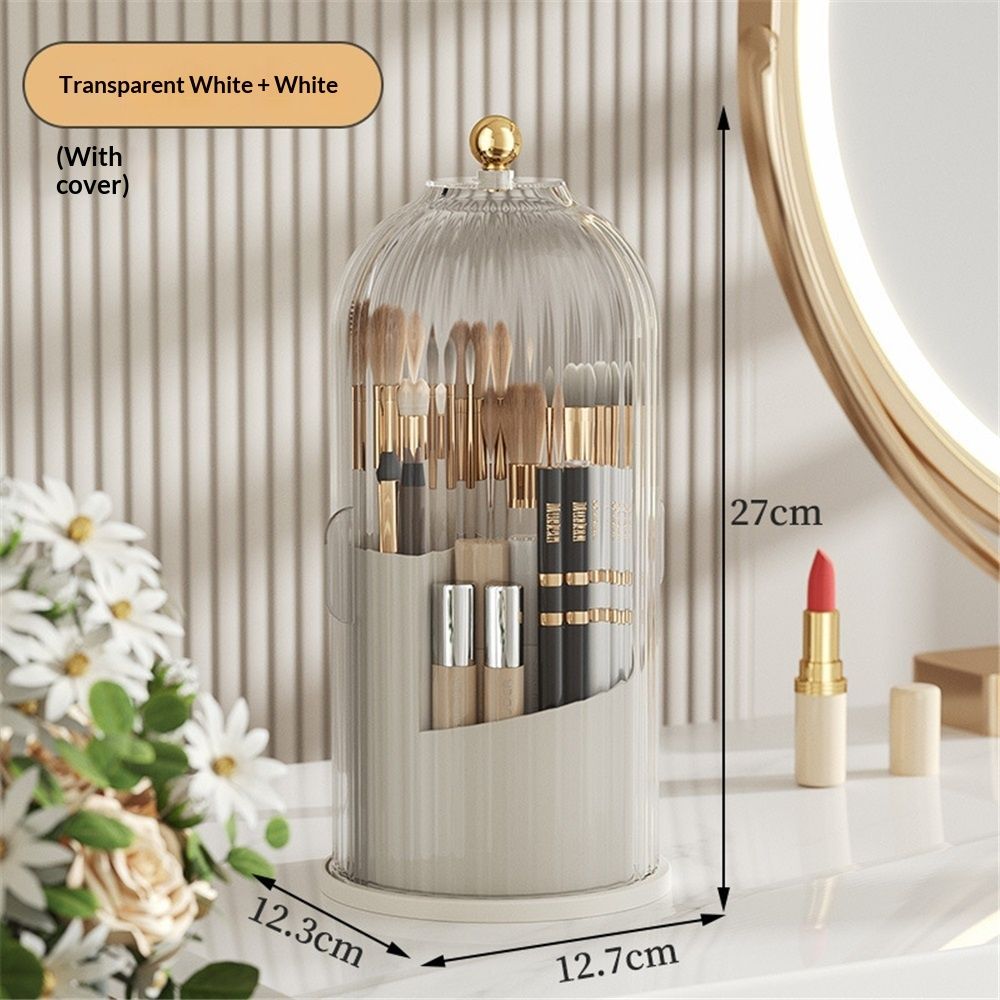 Makeup Brush Holder with Lid 360 Rotating Clear Dustproof Make Up Organizers for Vanity Bathroom Countertop, Transparent（Only storage box）