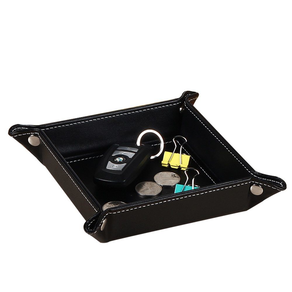 Valet Tray Desktop Storage Organizer – Premium PU Leather Bedside Vanity Tray Nightstand Caddy Holder for Remote Controller, Keys, Phone, Wallet, Coin, Jewelry, Black