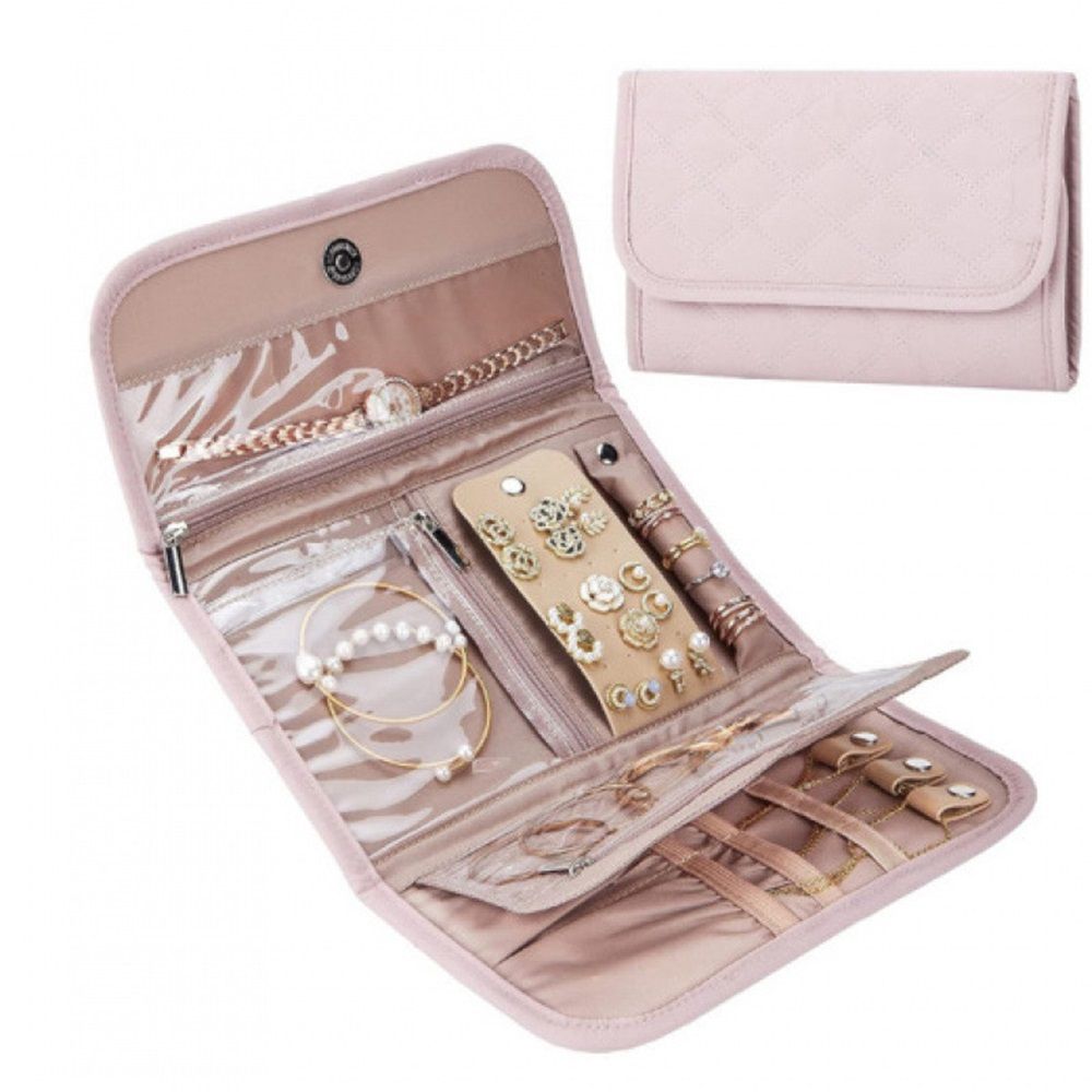 Travel Jewelry Case Organizer, Medium Foldable Storage Roll for Earrings, Necklaces, Rings, Bracelets, Brooches, pink（Excluding jewelry）