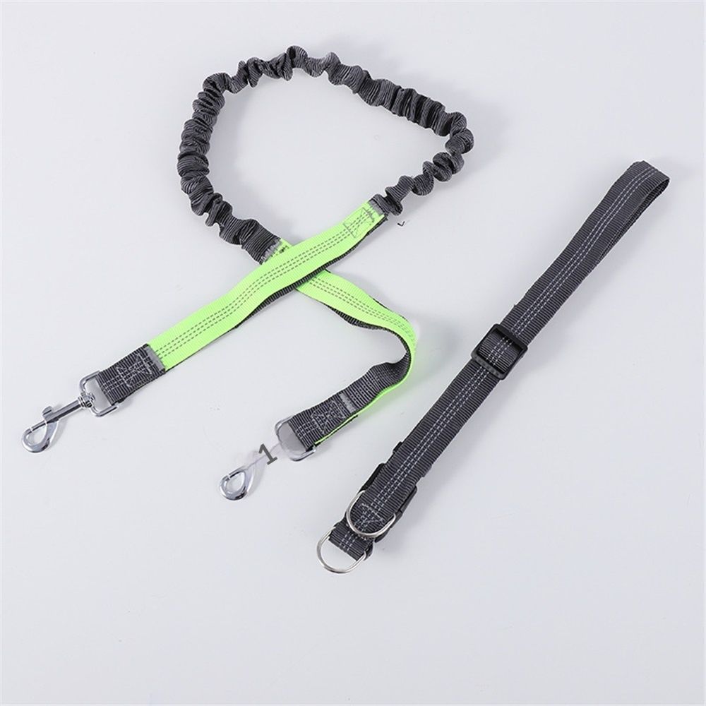 Hands-Free Waist Leash for Dog Walking, Running and Hiking, Adjustable Belt with Double Handle, Reflective Bungee Design for Large & Medium Dogs (Green 2.5cm *70-120cm)
