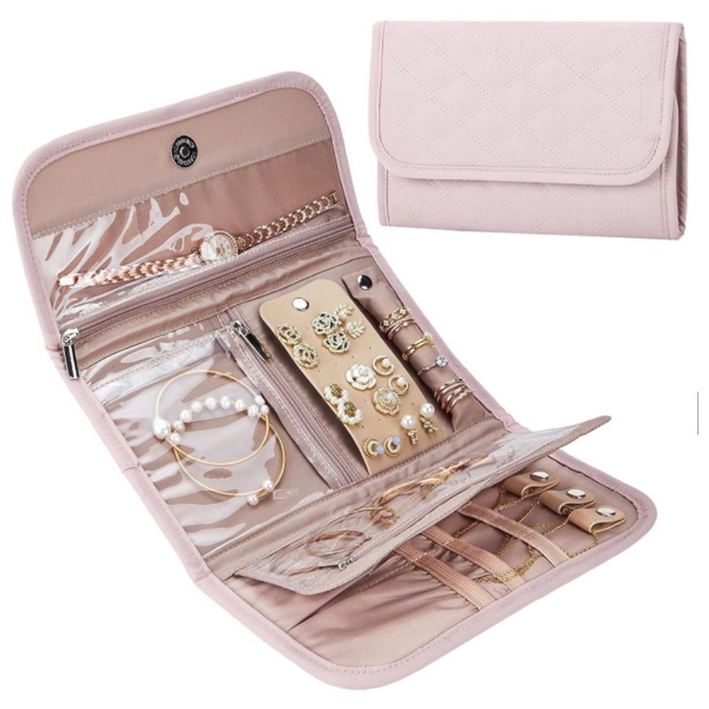 Travel Jewelry Case Organizer, Foldable Storage Roll for Earrings, Necklaces, Rings, Bracelets, Brooches,  Pink 33.5 * 22CM（Only storage bag）