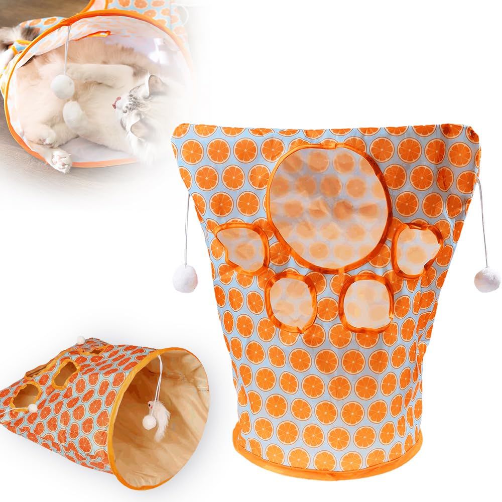2pcs Cat Tunnel Bag for Indoor Cats, Foldable Pet Tunnel Crinkle Sack Bag with a Little Mouse &  Toy Ball, Portable Crinkle Paper Interactive Hide and Seek Cat Toys (Orange)