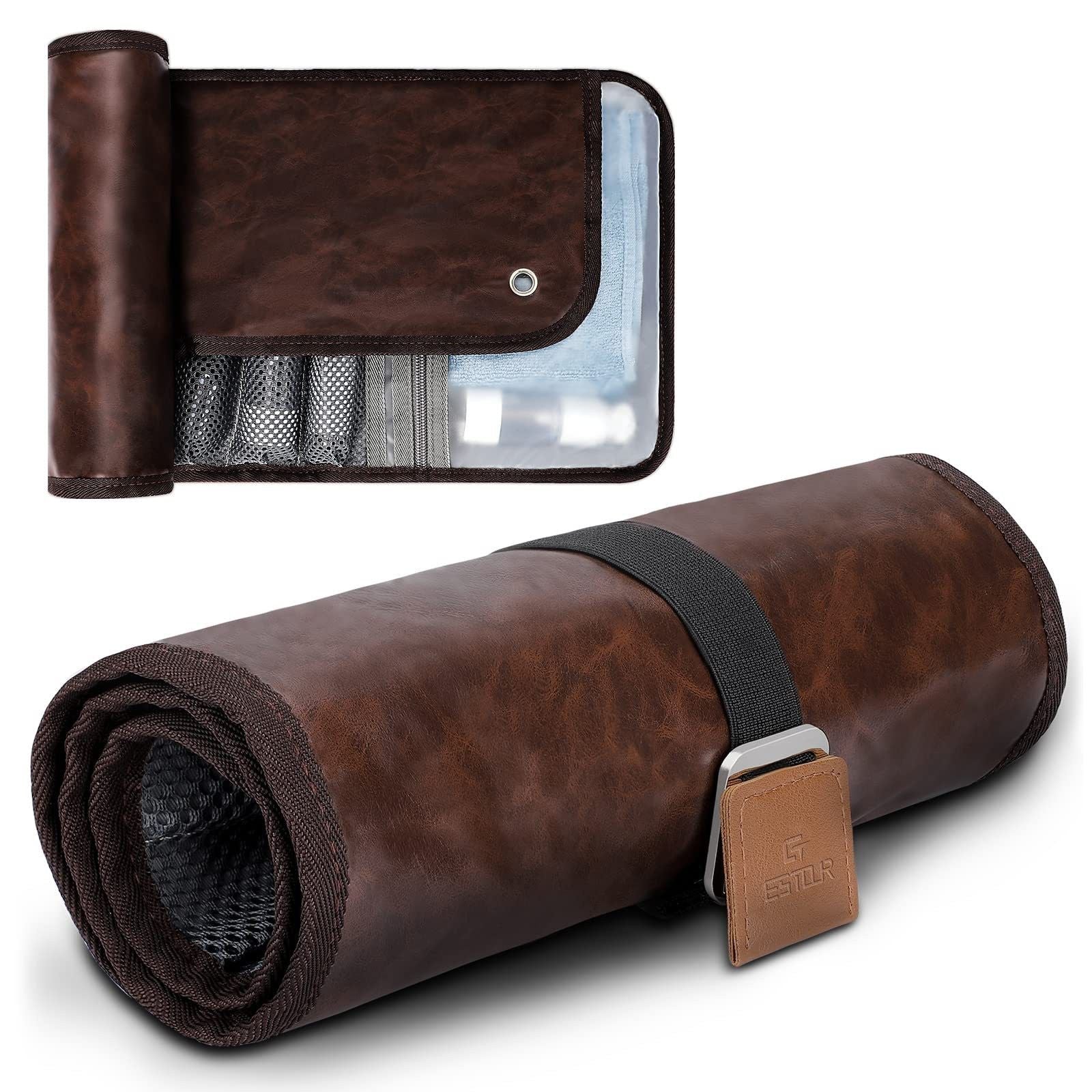 Toiletry Bag for Men, Travel Essentials Travel Toiletry Bag, Water-Resistant Compact Bathroom Roll Organizer for Hygiene, Shaving kit, Gifts for men (Chic Brown(PU Leather),oniy bag)