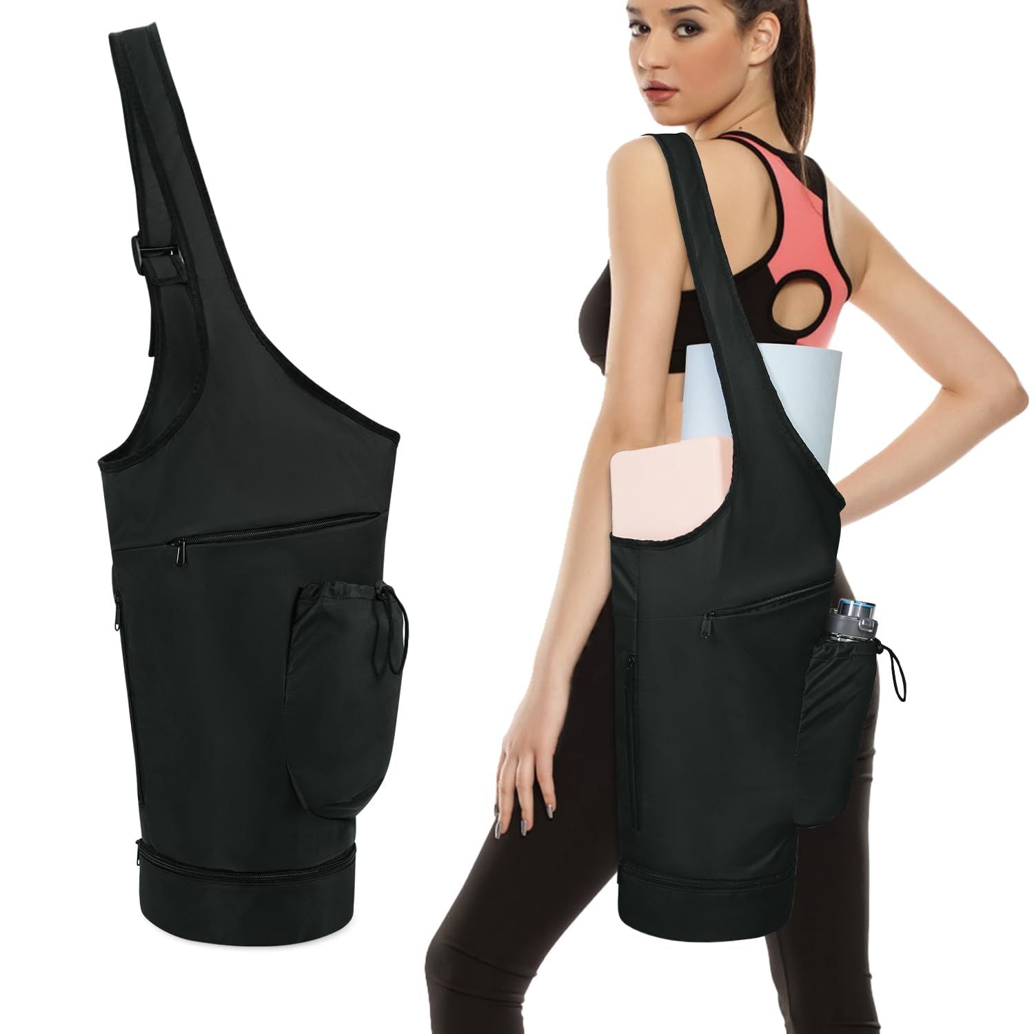 Yoga Mat Bag, Large Opening Long Tote Yoga Mat Carrier Holder Bag with Waterproof Wet Pocket and Drawstring Water Bottle Pocket, Adjustable Shoulder Strap Storage Bag（oniy bag）