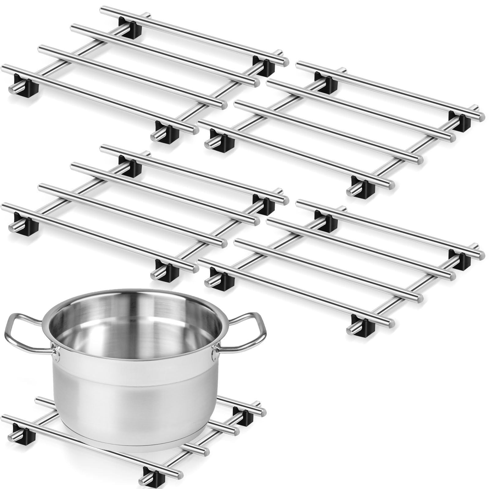 4 Pcs Cast Iron Vintage Stainless Steel  for Pots and Pans Cooling Racks for Kitchen Dining Table Decoration Hot Dishes Countertop Dining, Silver