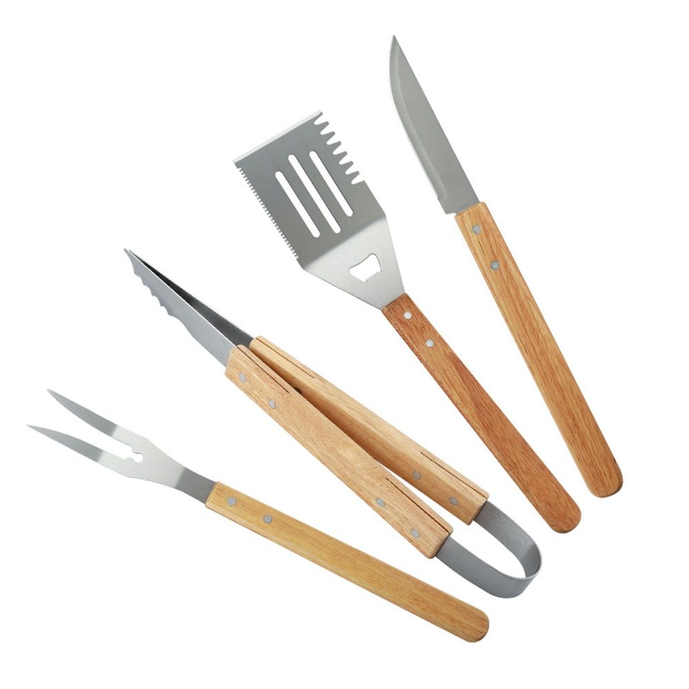 Wooded BBQ Accessories Grilling Tools,Stainless Steel BBQ Tools Grill Tools Set for Cooking, Backyard Barbecue & Outdoor Camping Gift for Man Dad Women Barbecue Enthusiasts Set of 4