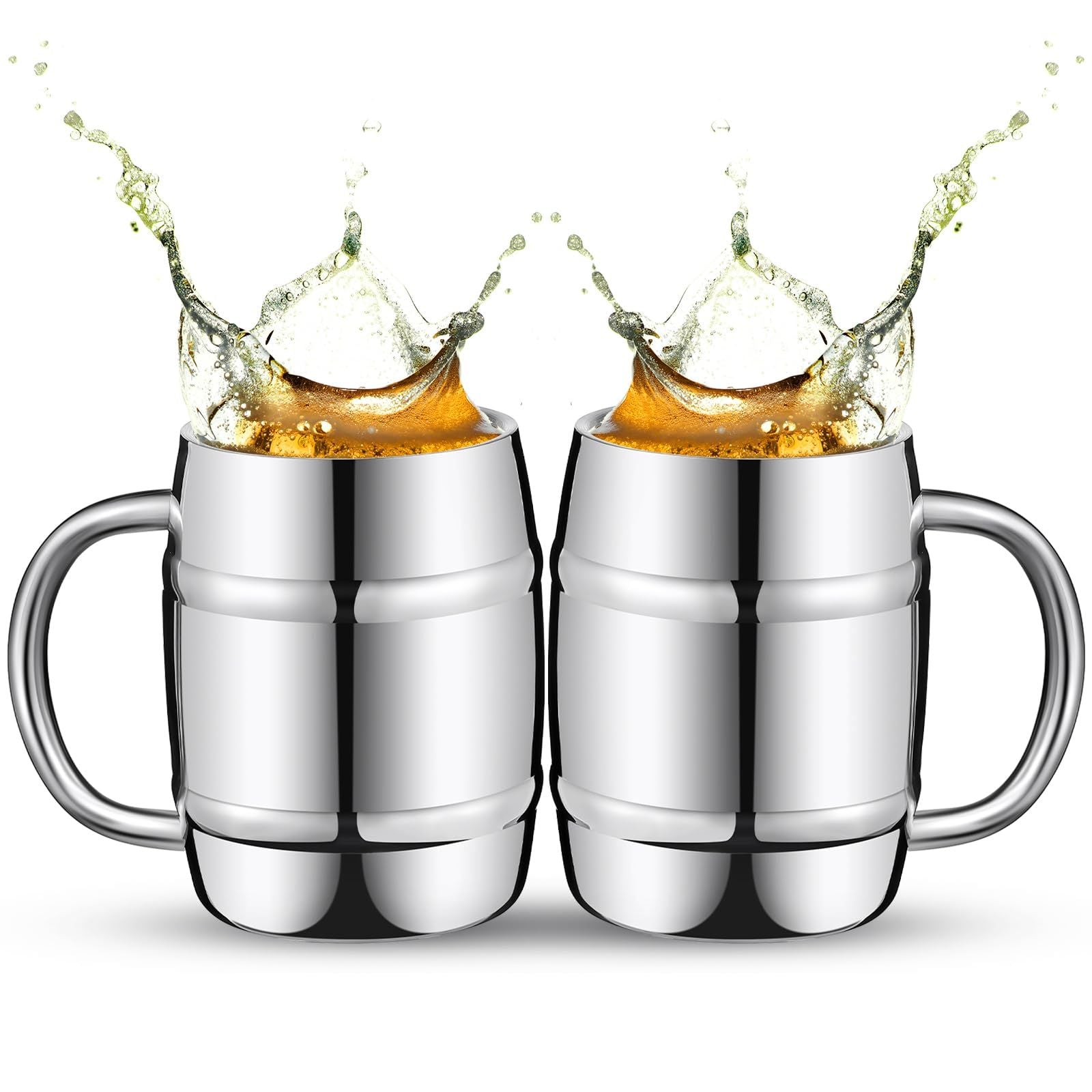 2 Pcs 304 Stainless Steel Barrels Mugs 16 oz Double Wall Coffee Cup Beer Cup with Handle for Party Travel Tumbler Tea Insulated Cold Hot Drinks