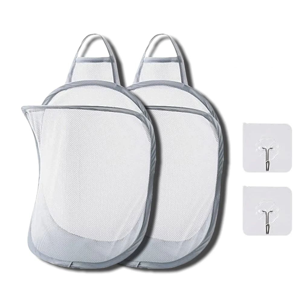 Mesh Collapsible Small Wall Laundry Baskets，Hanging Laundry Hamper，for Hotel, University Dormitory Use  (Two gray ones including adhesive hooks)