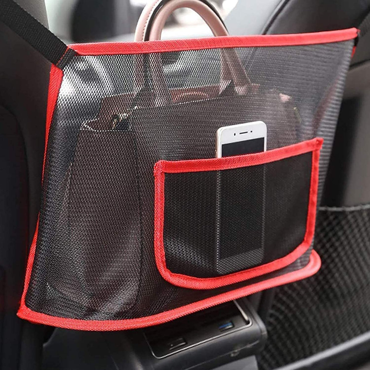 2 pack Car Net Pocket Handbag Holder,Car Backseat Organizer,Rear Seat Pet Kid Guardrail,Driver Storage Mesh Bag,Car Net Pocket Organizer For Purse and Bags (Red,Received only 2 storage bags)