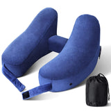 Neck Pillow for Travel Inflatable Airplane Pillow Comfortably Supports Head, Neck and Chin, Inflatable Travel Pillow with Soft Velour Cover and Portable Drawstring Bag (Blue)
