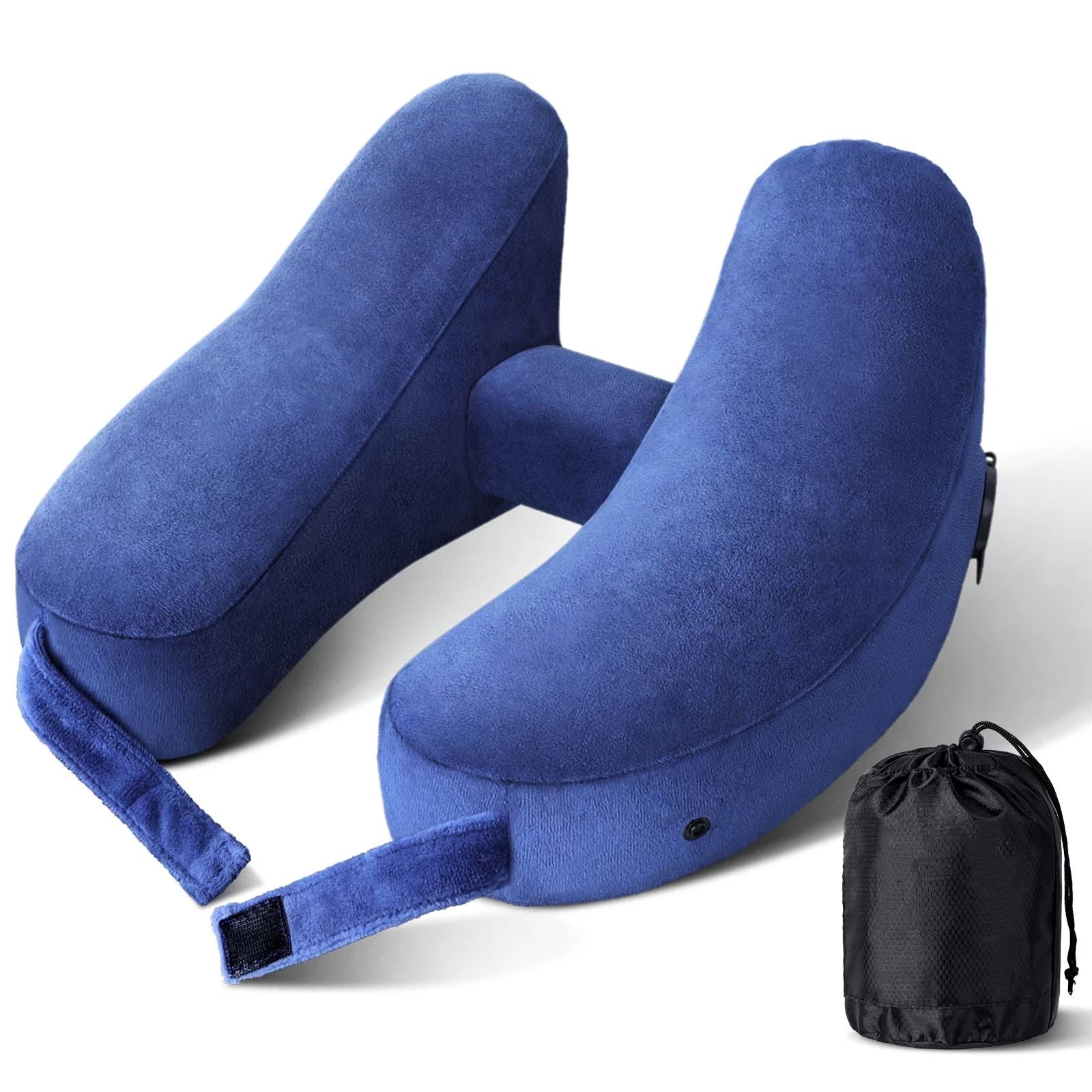 Neck Pillow for Travel Inflatable Airplane Pillow Comfortably Supports Head, Neck and Chin, Inflatable Travel Pillow with Soft Velour Cover and Portable Drawstring Bag (Blue)