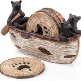 Bear Coasters Set of 6 Full Size Rustic Coasters in Handmade Canoe with Adorable Black Bear Figurines | Black Bear Log Cabin Decorations, Rustic Lodge Decor for The Home
