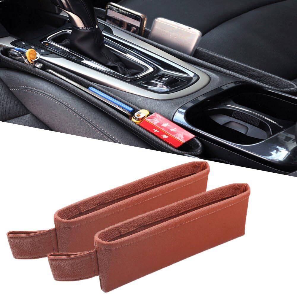 Car Seat Pockets PU Leather Car Console Side Organizer Seat Catcher Holders Compatible with Phone Key Wallet Phone Sunglasses 2 Pack (Brown)
