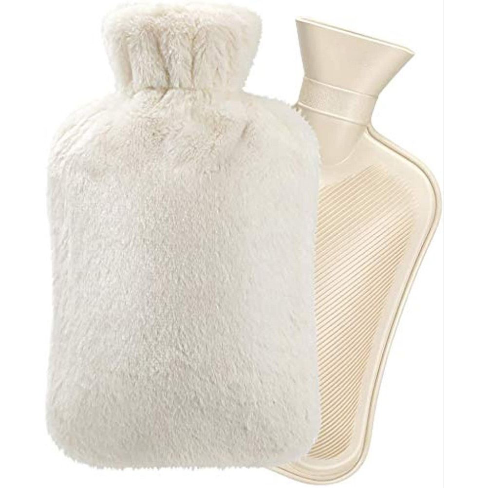 Hot Water Bottle with Soft Cover (2 Liter) , Neck Shoulders Pain Relief Hot Cold Pack for Hot and Cold Therapy and Feet Warmer Great Gift for Women and Girls（beige white）