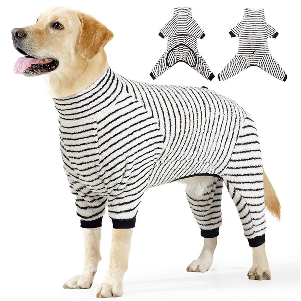 Striped Dog Pajamas Stretchable 4 Legs Doggie Jammies Clothes,Soft Plush Pet Coat Onesie fit Puppy to Medium Large Dogs,Cute Warm Dogs Costumes Outfits for Winter,Black and white color bars ,XL