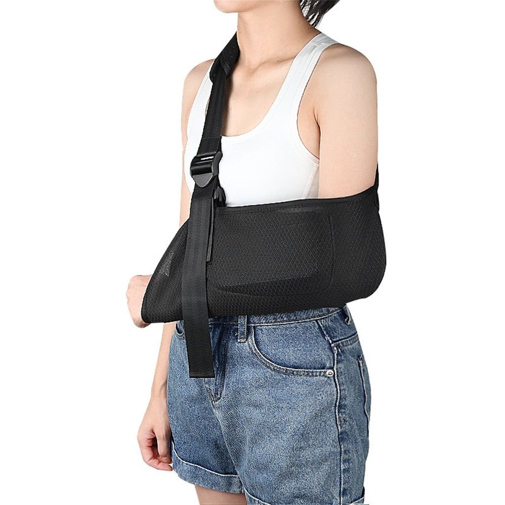 Arm shoulder sling, breathable sling with shoulder pad, used to support male and female rotator cuff injuries, left or right arm, elbow, clavicle fracture surgery (black, M)