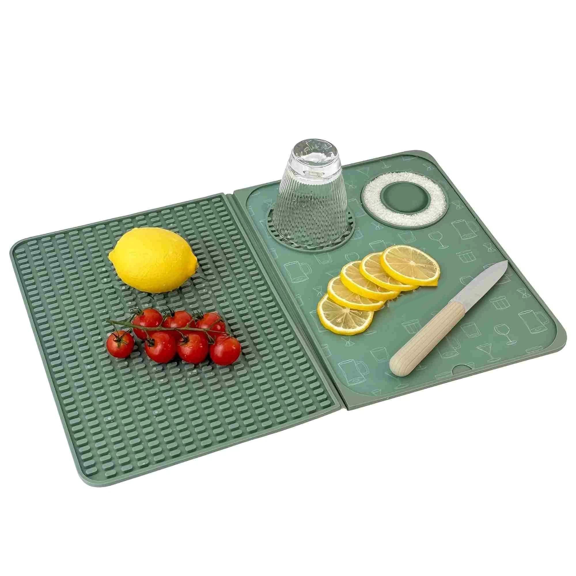 3-in-1 Bar Mat, Bar Accessories, Multifunctional Folding Cocktail Mat with Cutting Board, Drying Mats,Bar Mat for Countertops,Bar Decorations for Home,（dark green）