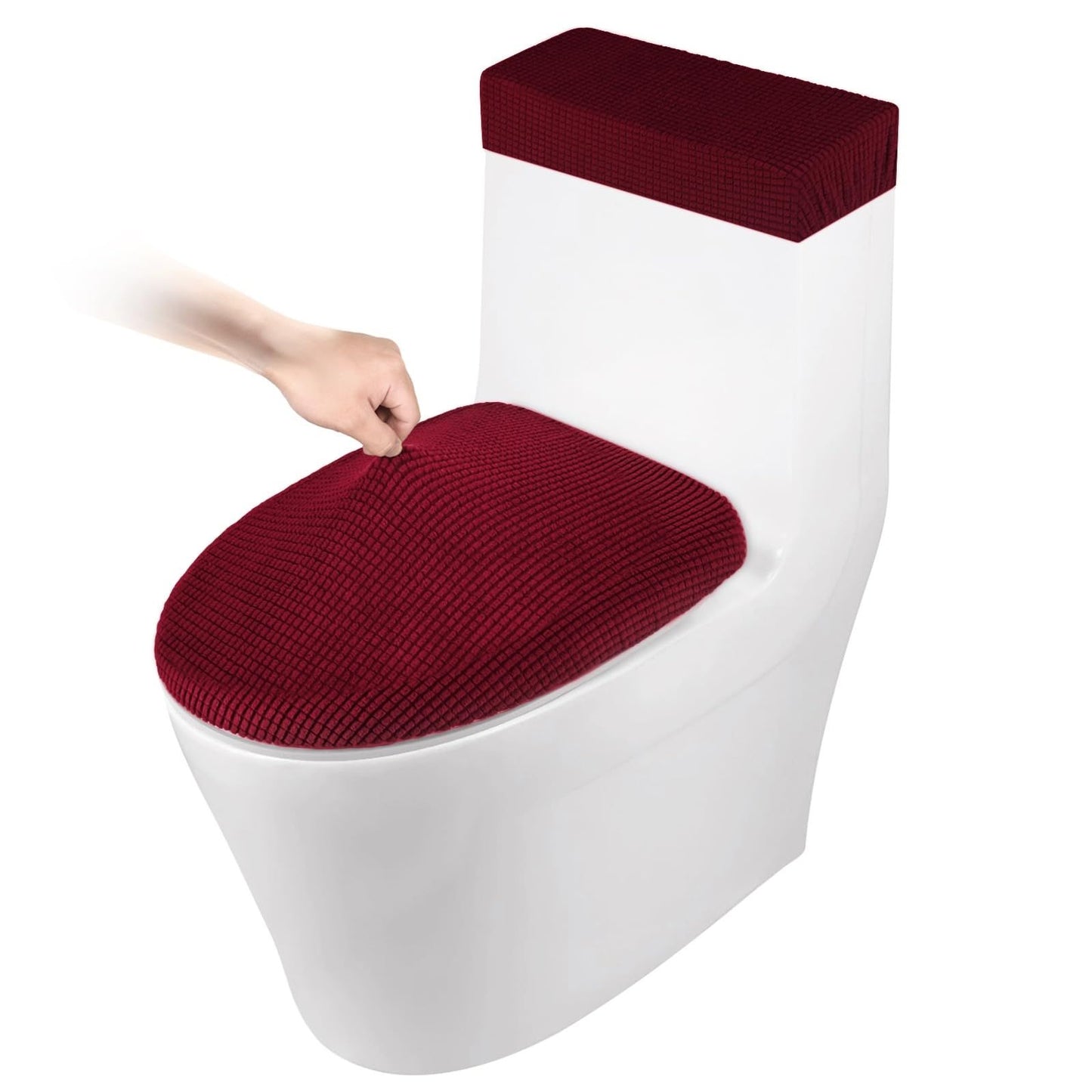 Stretch Velvet Toilet Lid Cover and Toilet Tank Lid Cover, Bathroom Super Soft Toilet Lid Cover Set Luxury Velvet Plush, with Elastic Bottom, Machine Wash, Burgundy