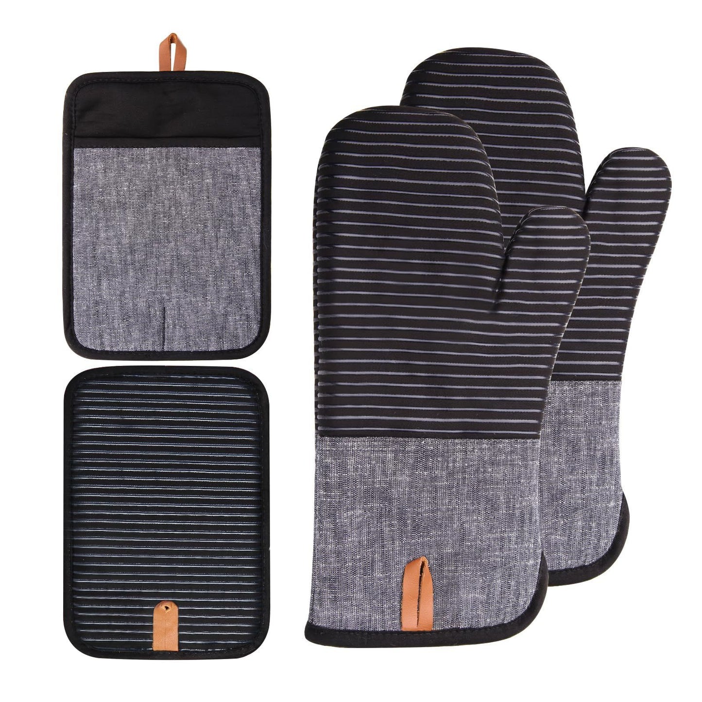 4PCS Oven Mitts and Pot Holders, Silicone Oven Gloves,  Heat Resistant Oven Mitts Sets, Non-Slip Silicone Textured Grip, (Black)