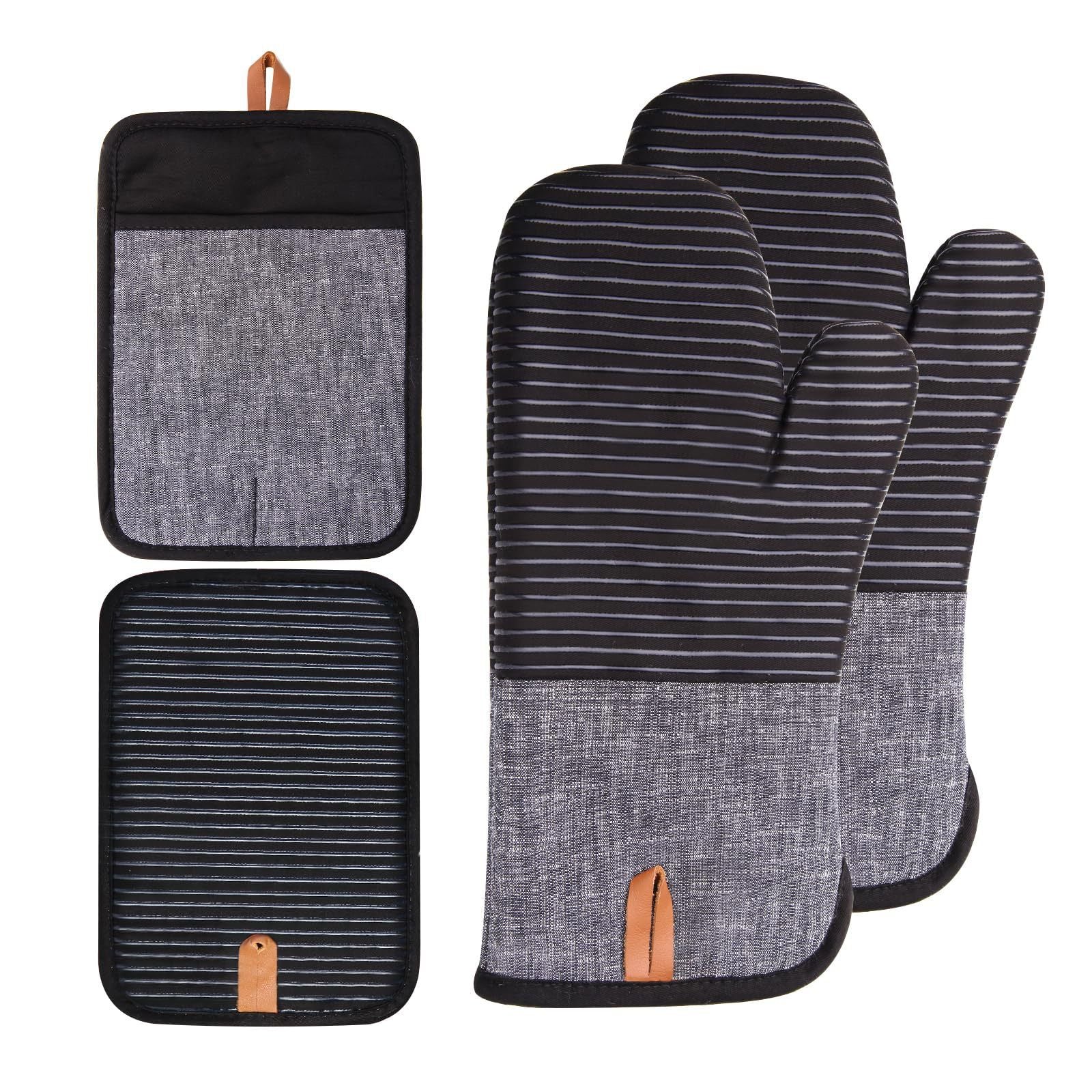 4PCS Oven Mitts and Pot Holders, Silicone Oven Gloves,  Heat Resistant Oven Mitts Sets, Non-Slip Silicone Textured Grip, (Black)