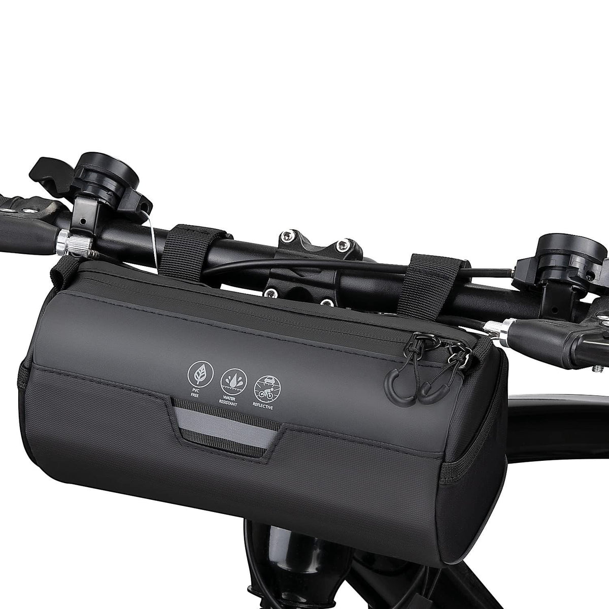 Bike Handlebar Bag Waterproof - Bicycle Handlebar Roll Bag with Large Reflective Area, Bike Front Pouch with Waterproof Zipper Shoulder Strap Removable Straps for Cycling (Cylinder, 2L)