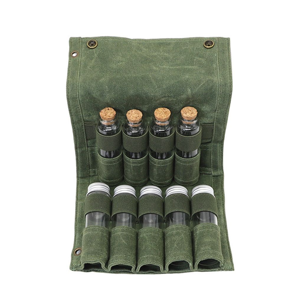 Camping Spice kit with 9 spice Jar Canvas Travel Seasoning container, portable spice bag for travel (MILITARY GREEN)