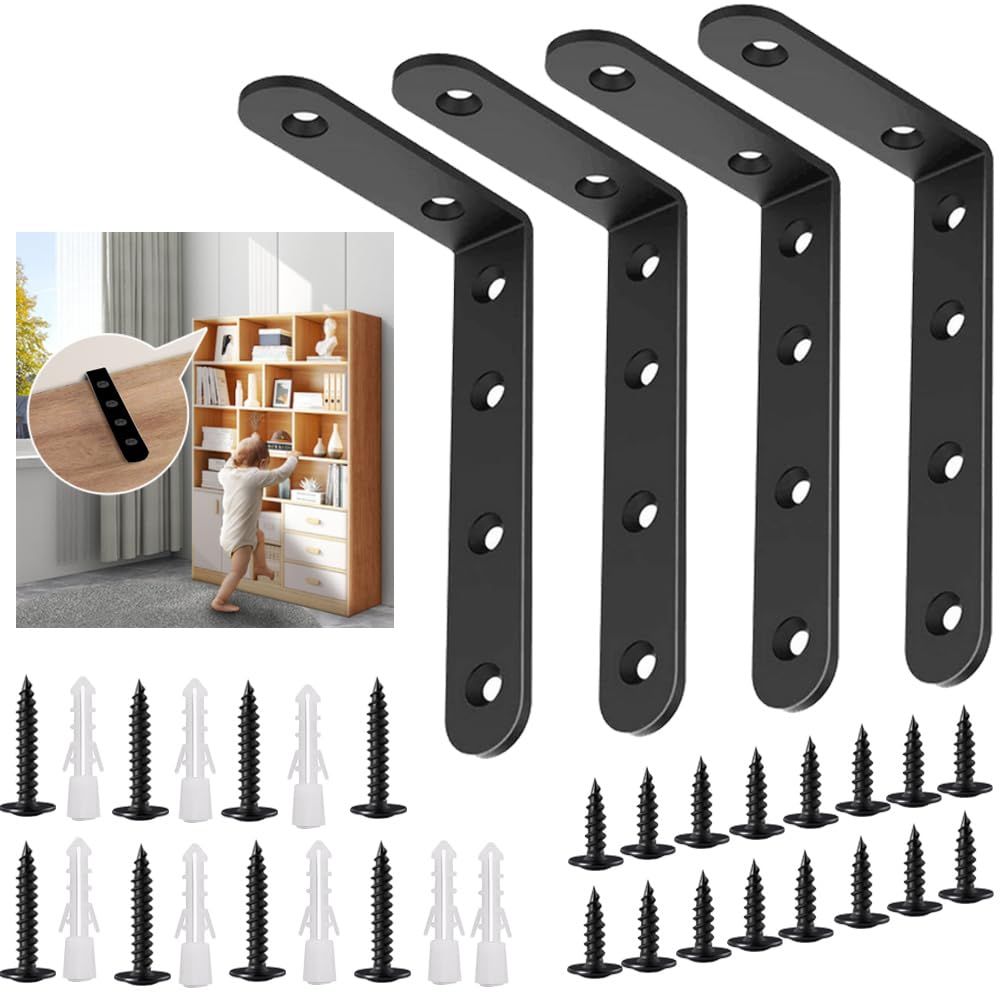 Anti Tip Furniture Anchors for Pet Proofing,Furniture Wall Anchor Furniture Dresser Bookshelf Falling Prevention Device for Children (Black 4pcs)