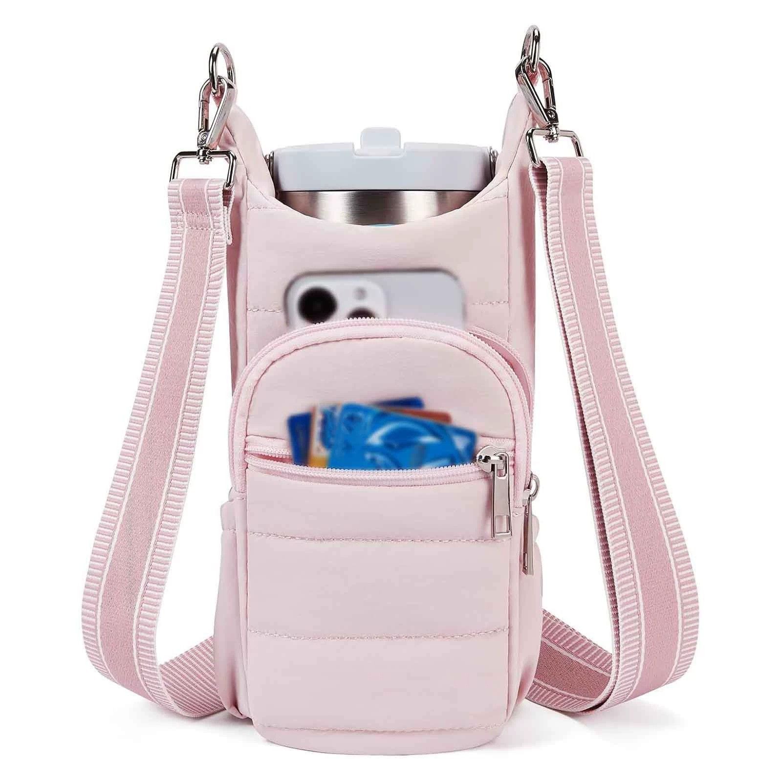 Water Bottle Holder Crossbody Bags for Women for Walking, Hiking, Cycling（pink）Tumbler with Handle, Cup Holder Pouch w/Adjustable Strap