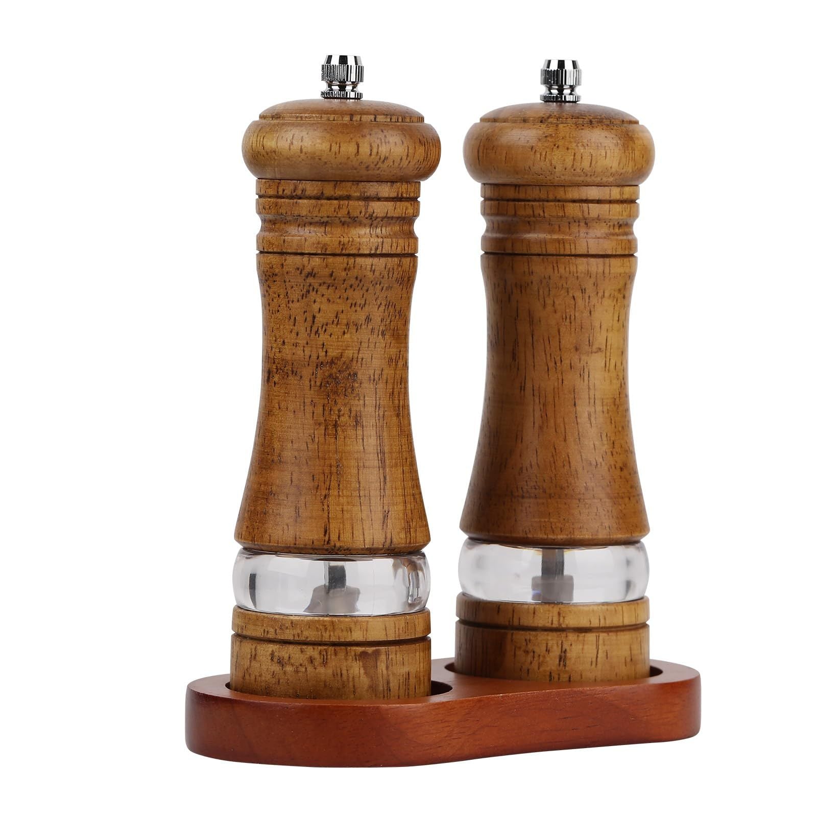 Salt and Pepper Grinder Set, 2Pcs Oak Pepper Grinder with Stand 6 Inches Adjustable Ceramic Grinder Wooden Pepper Mill Salt Grinder Kit Manual Mills（vintage color）
