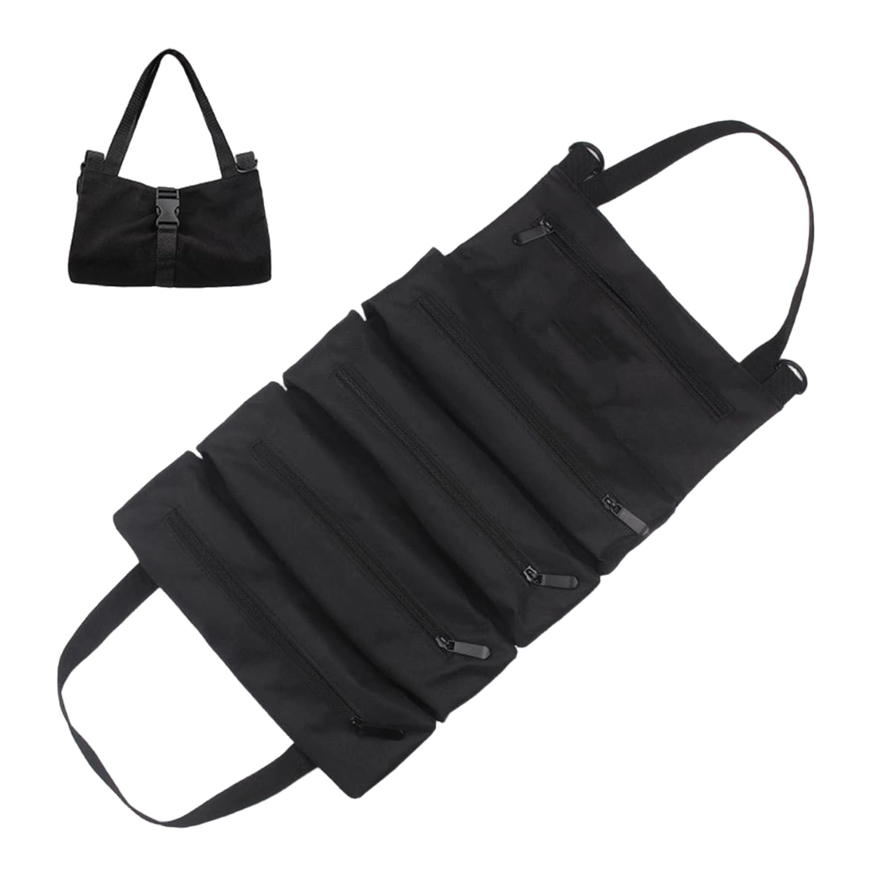 Tool Roll Up Pouch - Canvas Multi-Purpose Wrench Roll Up Bag, Organizer with 5 Zipper Tool Pockets, Hanging Carrier (black)