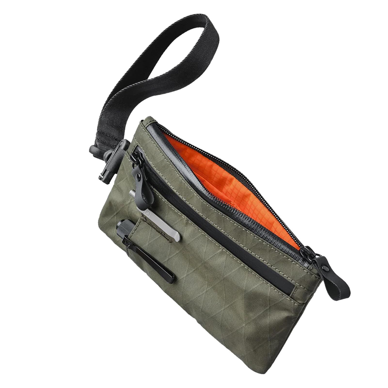 Multi-tool Slots EDC Organizer Pouch Nylon Passport Holder & EDC Wallet - Zip Clutch with Wrist Strap，3 External Slots for Travel, Cash, Cards, Phone, Keys (Olive Green)