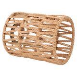 Handwoven natural rattan lamp shade with a metal frame.