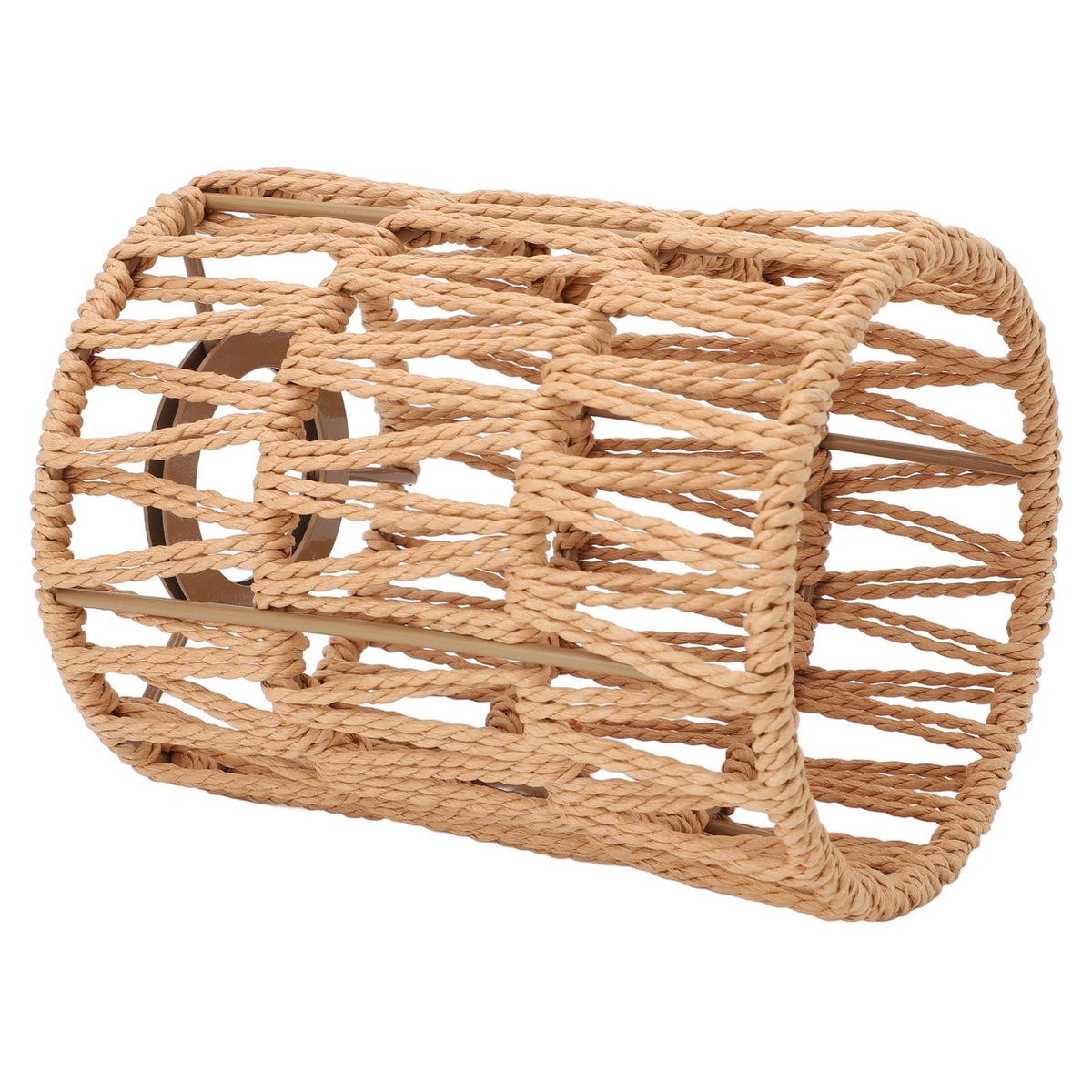 Handwoven natural rattan lamp shade with a metal frame.