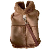 Warm and windproof suede dog clothing, suitable for small and medium-sized dogs, pet motorcycle clothing, Brown,S Excluding rope