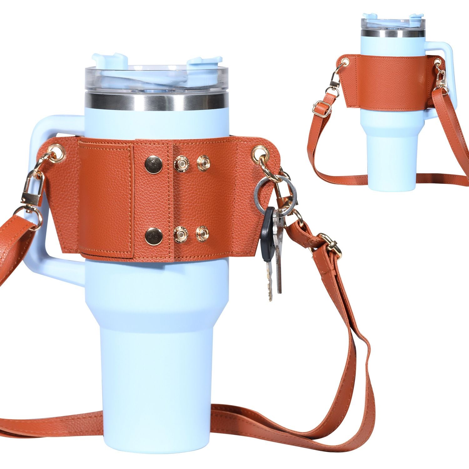 2 pack Water Bottle Holder with Strap 40oz, Simple Modern 40oz Tumbler, Vegan Leather Waterbottle Bag Holder, Shoulder Strap with Keyring, brown（Only cup sleeves）