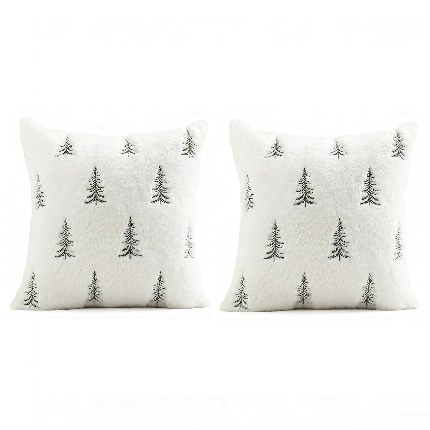 Christmas Pillow Covers 18x18 inch Set of 2 Green Embroidered Christmas Tree Decoration Beige Soft Plush Faux Fur Jacquard Throw Pillows for Bedroom Sofa Holiday Winter Home Decor
