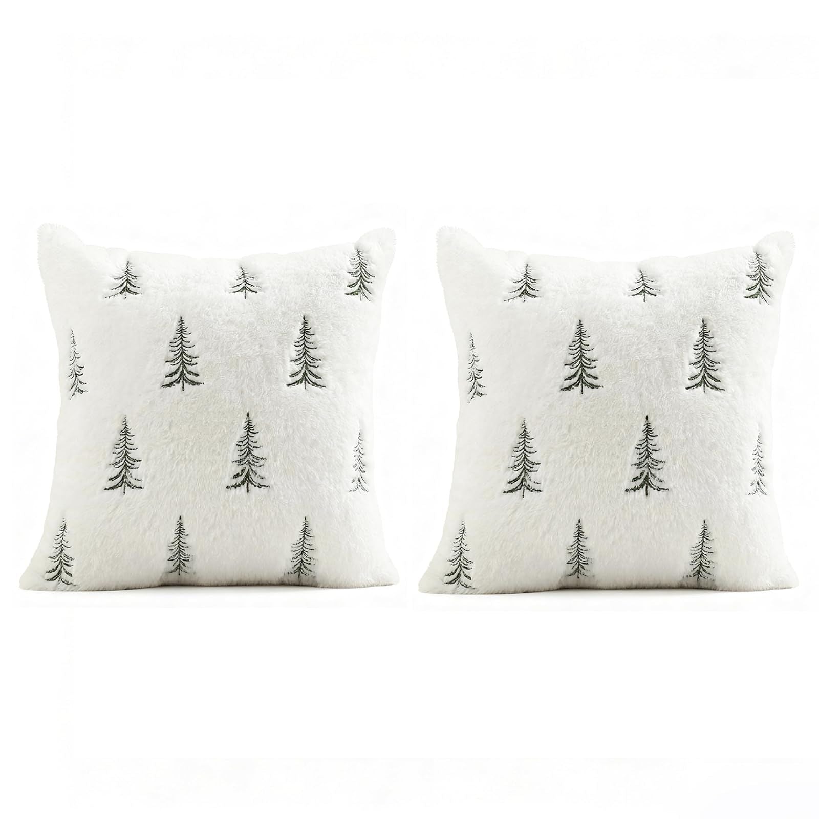 Christmas Pillow Covers 18x18 inch Set of 2 Green Embroidered Christmas Tree Decoration Beige Soft Plush Faux Fur Jacquard Throw Pillows for Bedroom Sofa Holiday Winter Home Decor