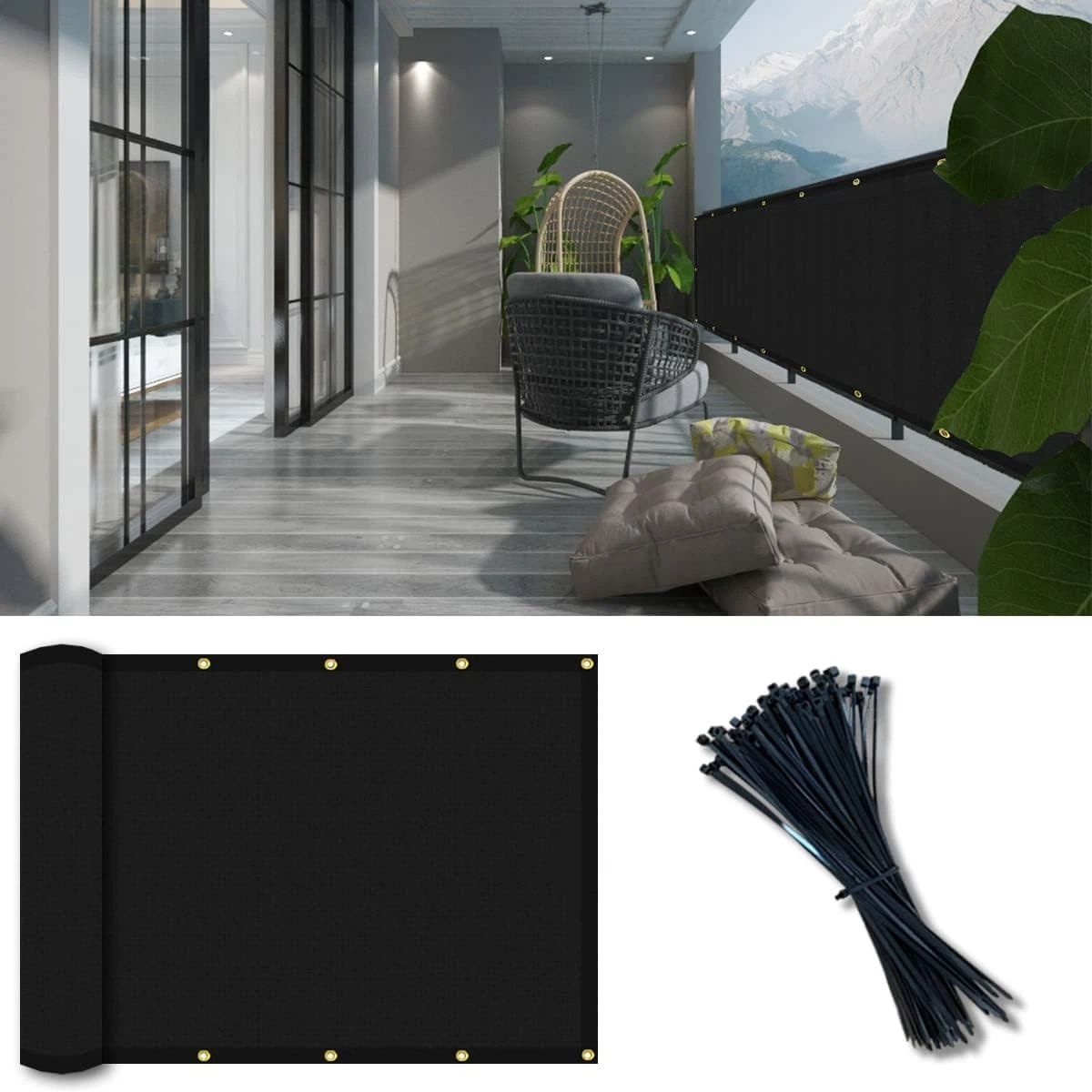 Balcony Privacy Screen Fence Cover 3'x10', Shade Mesh Fabric with Cable Ties, 90% Visibility Block, UV & Wind Protection for Patio, Deck, Porch, Pool, Backyard, Apartments Railing