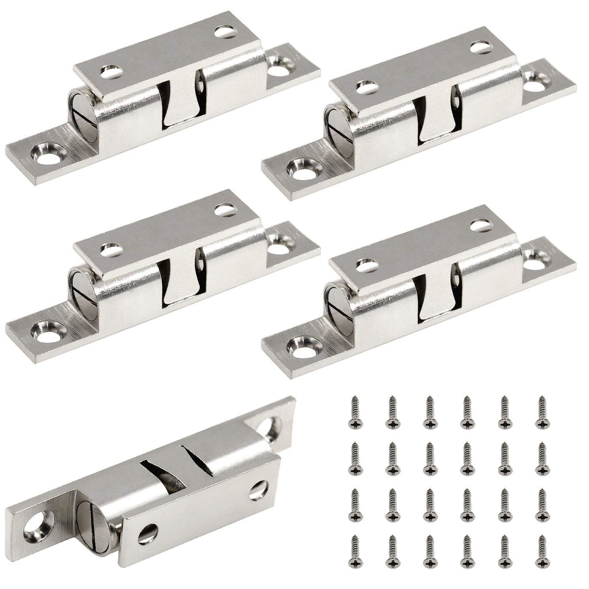 5Pcs 2.75"/ 70mm Double Ball Tension Roller Catch Latch, Solid Brass Hardware Fitting with Screws for Cabinet, Closet & Furniture Door, Chromium Plated