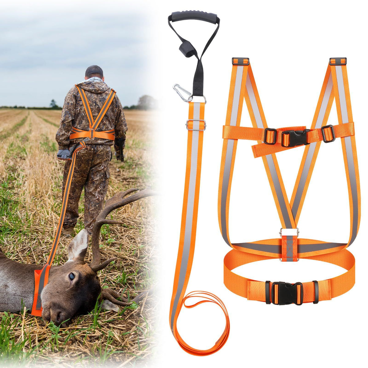 Deer Drag Strap and Dual Harness with Reflective Strips Heavy Duty Deer Dragging Rope Hunting for Hunters
