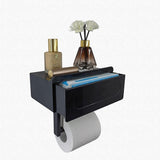 Toilet Paper Holder with Built-in Storage Drawer | Glossy Plastic Bathroom Organizer | Dual-Mount Rust-Resistant, Adjustable Shelf & Left/Right Wall Mount (Black ,oniy box)