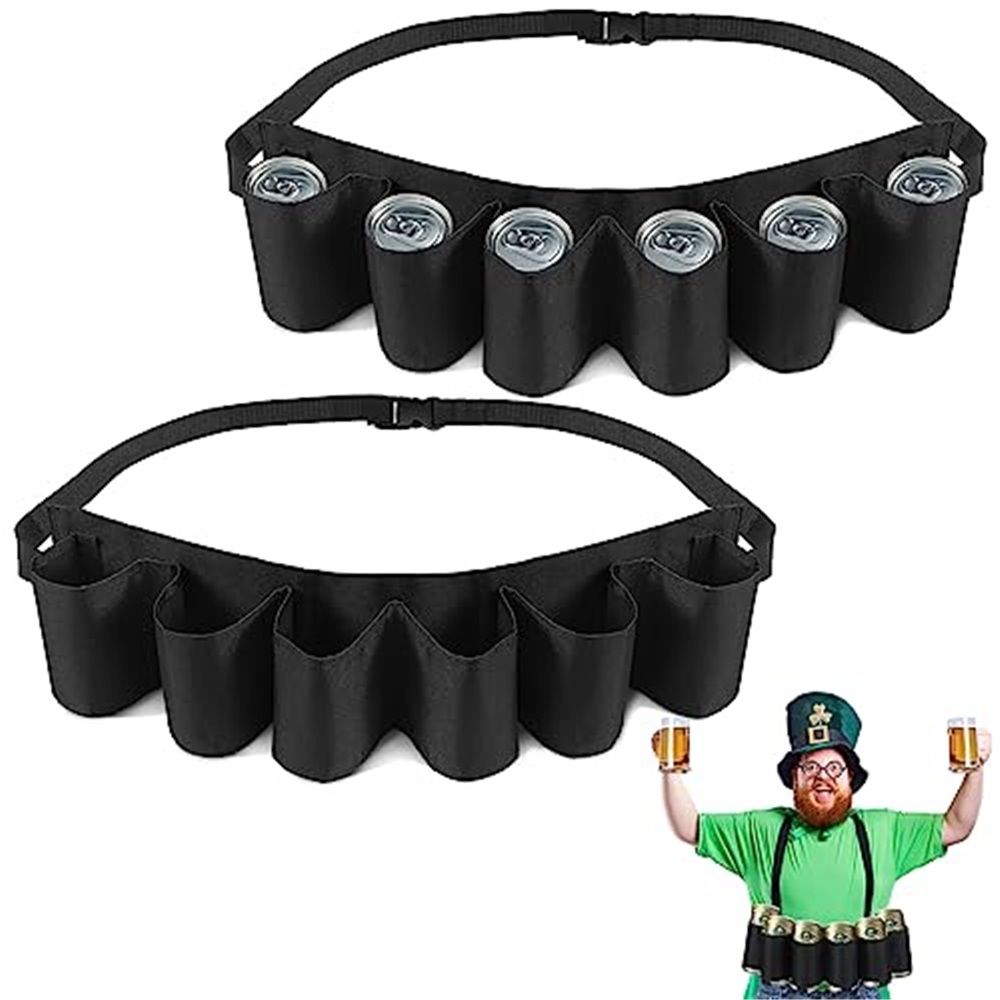2 Pcs Beer Belt Holder for Men 6 Cans Beer Can Holder for Drinking Adjustable Black Drinking Accessories for Halloween Christmas Men Women Outdoor Camping Hiking Picnic Party