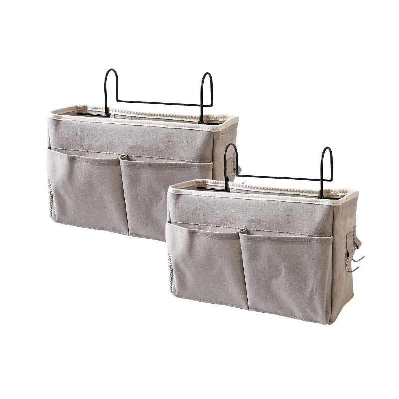 2-Pack Bedside Caddy, Bedside Hanging Storage Organizer for College Dorm Beds, Bunk Beds and Hospital Beds Rails, The Hanging Basket Can be Placed Magazine, Books, Phones,kettle, Glasses (Grey)