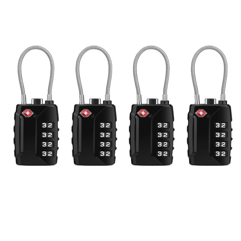 Luggage Locks, [Upgrade Version][4 Pack] TSA Approved Suitcase Lock 4-Digit Re-settable Combination Lock, Cable Backpack Locks, Code Lock for Travel Suitcase Luggage Bag Lockers (Black)